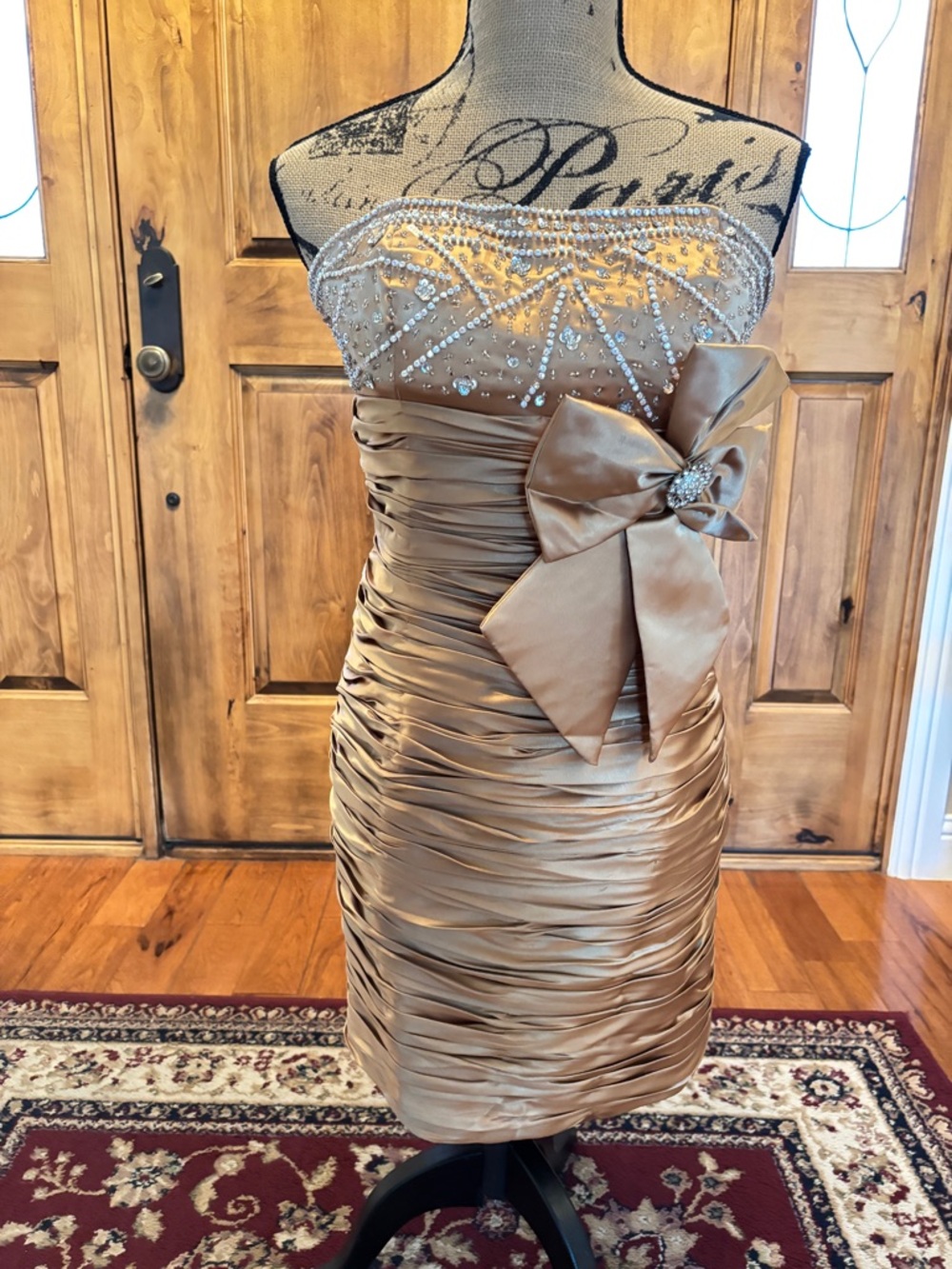 Elegant Strapless Gold Cocktail Dress with Rhinestone Bodice